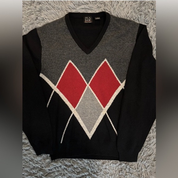 Jos. A. Banks Men’s Black Lambs Wool V-Neck Pullover Argyle Sweater Large Preppy - Picture 2 of 6